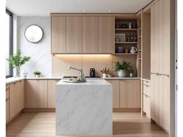 Strakke, moderne inbouwkast van licht hout in een lichte woonkamer.