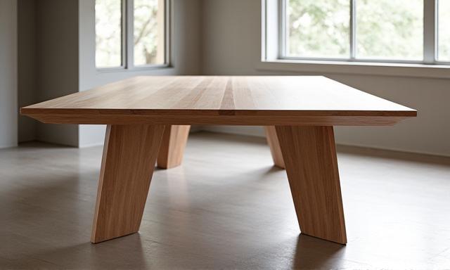 Op maat gemaakte houten eettafel met unieke poten, in een modern interieur.