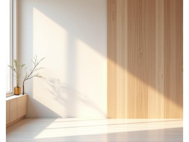 Natuurlijke houten panelen als wanddecoratie in een rustgevende, minimalistische ruimte.