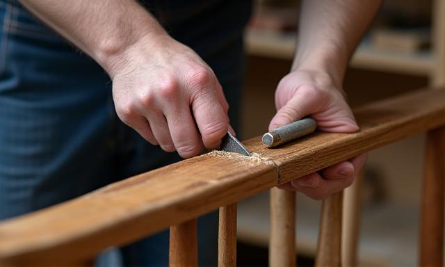 Ervaren vakman die zorgvuldig antiek meubelhout restaureert met traditionele gereedschappen.