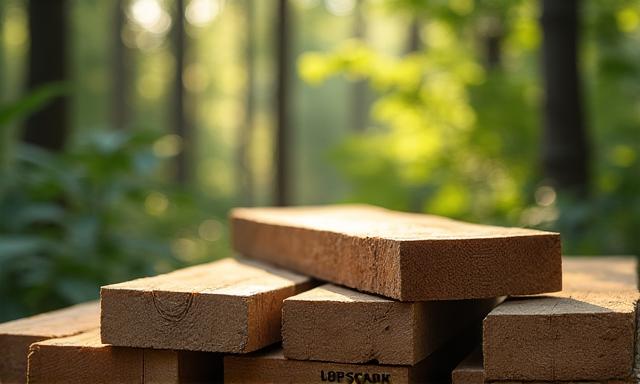 Stapel FSC-gecertificeerd hout in een duurzaam beheerd bos met zonnig bladerdak.
