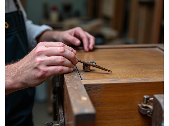 Ervaren vakman die zorgvuldig antiek meubelhout restaureert met traditionele gereedschappen.