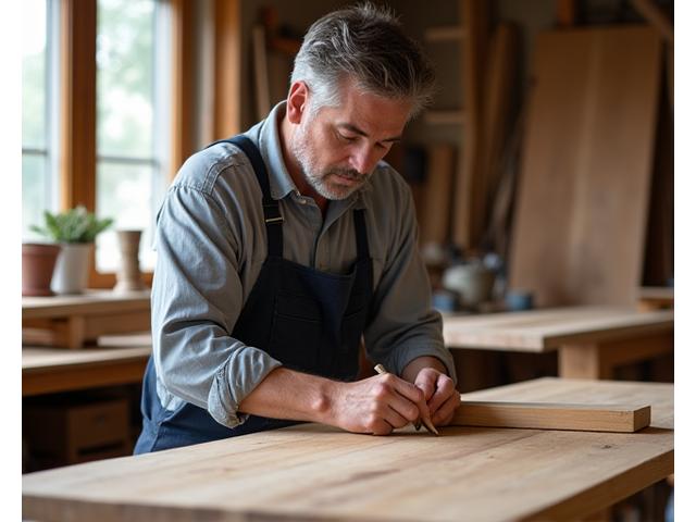 Een ambachtsman werkt in een houtbewerkingsatelier aan een meubelstuk