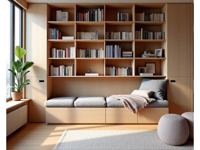 Ingebouwde boekenkast met zitbank van multiplex